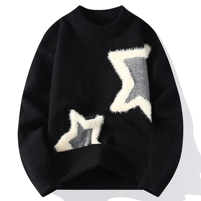Oversized Star Patch Pullover Sweater, Unisex Couple Matching Fuzzy Knitwear, Soft Crew Neck Long Sleeve Top for Casual Streetwear, Longsleeves