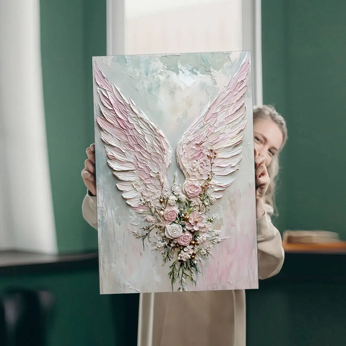 Angel Wings Framed Canvas Wall Art Prints Pastel Flowers Oil Painting Modern Abstract Bedroom Decor Posters Ready to Hang for Home Bathroom Living Room Artwork Eco-ink Waterproof Durable USA Made