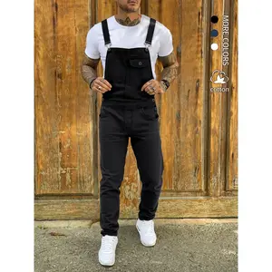 Men's Denim Jumpsuit Workwear, Elastic Jean Fabric Adjustable Straps & Pockets, Casual Washed Harem Overall, All Seasons