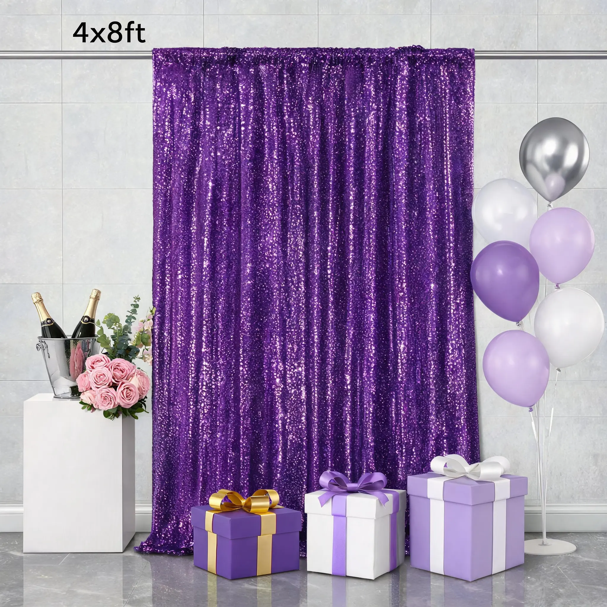 Luxury Purple Glitter Sequin Backdrop Curtain 1 Panel 4FTx8FT for Wedding Stage Photography Birthday Christmas Halloween Thanksgiving Decor