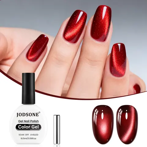 JODSONE 16.5ml Red Cat Eye Gel Nail Polish,Glitter Burgundy Red Cat Eye Magnetic Reflective Translucent Need U V Curing at Home Salon Design For beginners art