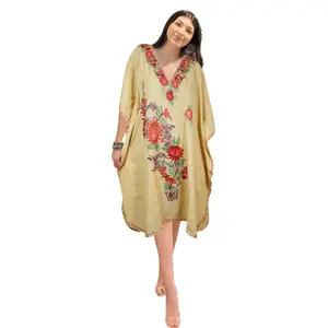 Women Cotton Embroidered Peach, Leisure Wear, Short Caftan Dress, Kimono Dresses L-2X