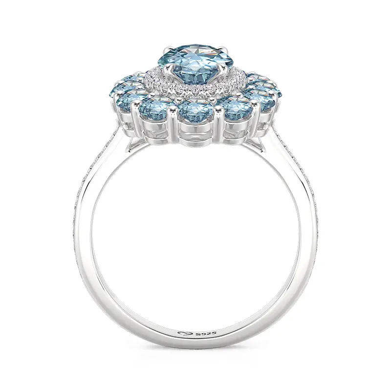 Jeulia Statement Halo Engagement Ring in Sterling Silver, Seaside Wave Design with Oval Aquamarine for Women, Statement Halo Ring