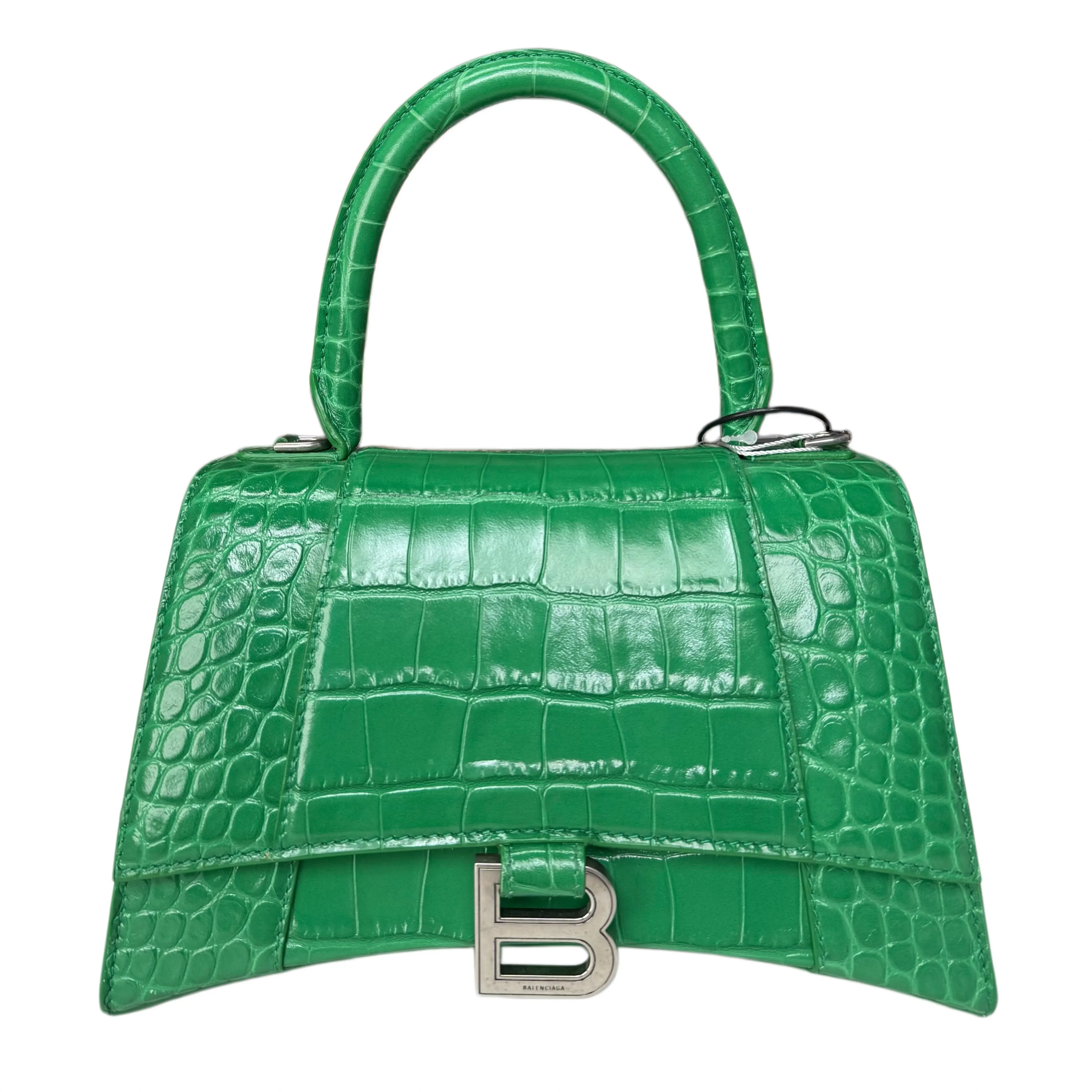 Pre-owned Balenciaga . Shoulder Bags Small Hourglass Bright Green Croc Embossed Top Handle Designer Bag