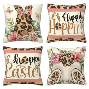 Easter Happy Rabbit Decoration Pillow Cover, Leopard Pattern Little Rabbit Bouncing Pillow Cover Decoration, Spring Easter Egg Flower Home Decoration, Suitable for Sofa 4-piece Set with Double sided Printing