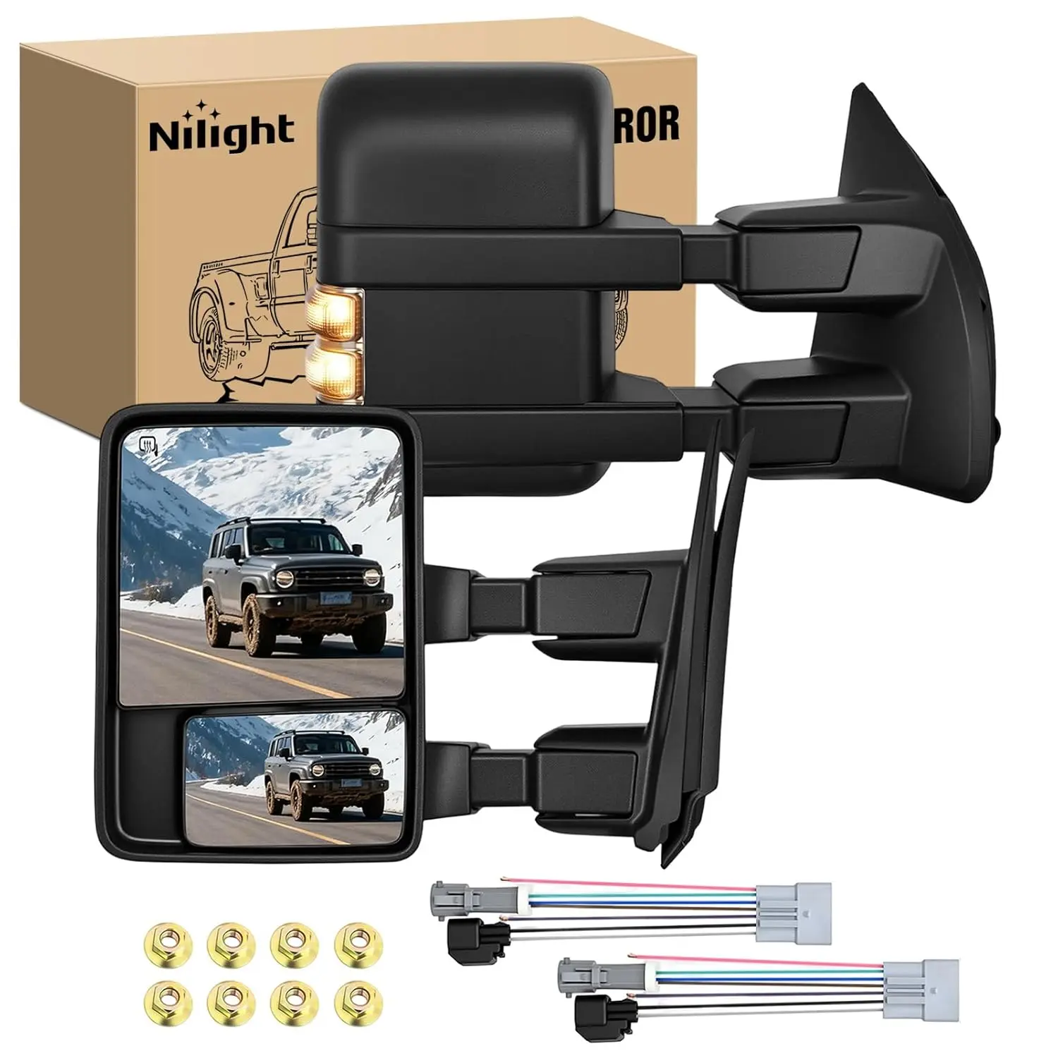 Nilight Truck Towing Mirrors with ABS Shell for 1999-2007 Ford F250-F550 Super Duty, Automotive Car Accessories with Turn Signals, Puddle Lights, Power Heated Glass, Manual Telescoping Fold, Blind Spot Coverage, Plug Play, Manual Fold