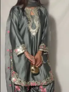 Luxury Grey Satin Embroidered Kurta 3PC Set with Floral Farshi Salwar & Dupatta