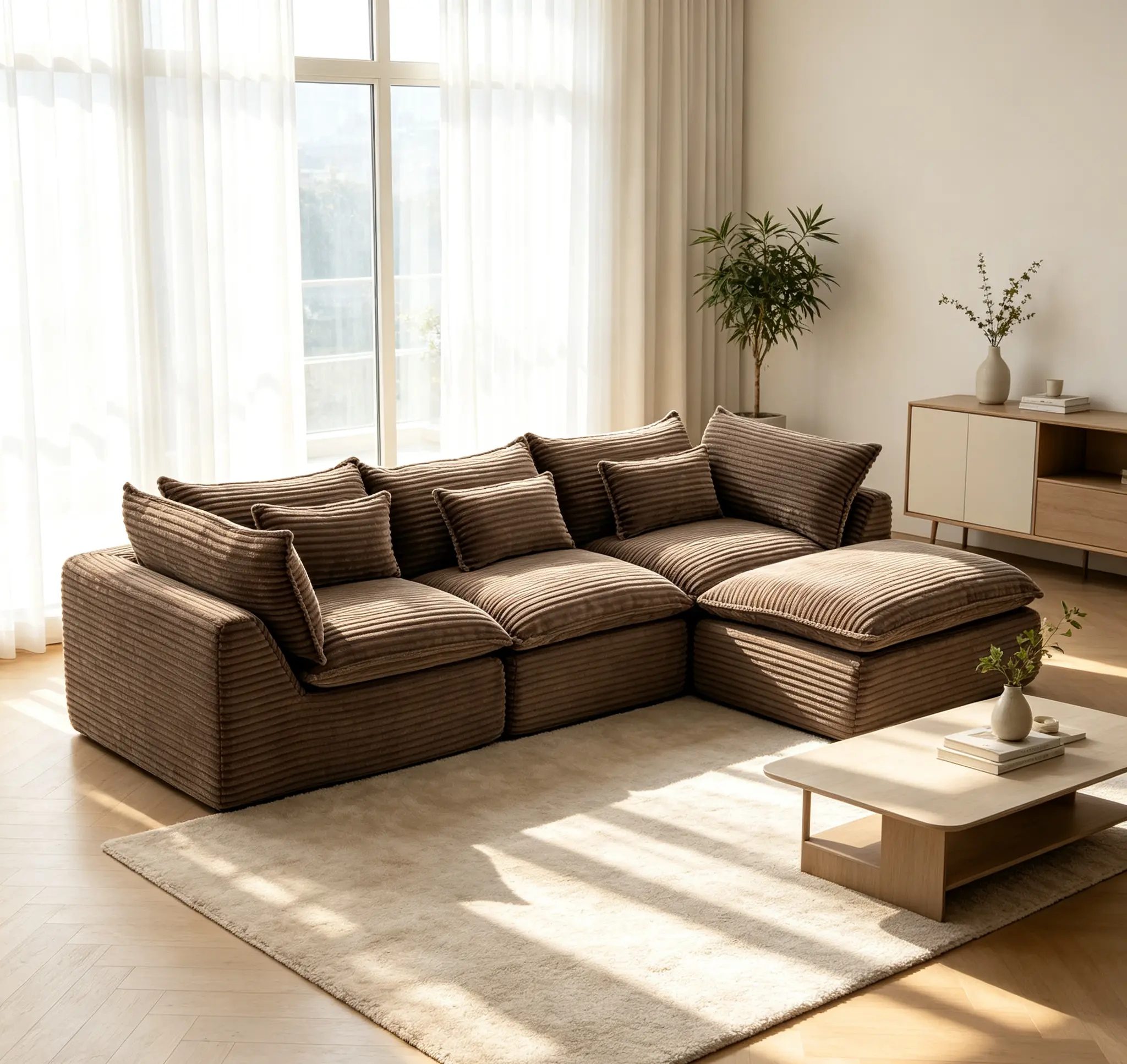 Cloudrest Cozy Textured Chocolate Corduroy 3-Seat Modular Sectional Sofa with Moveable Ottoman, 102" Width Sectional Couch, 3 Seats