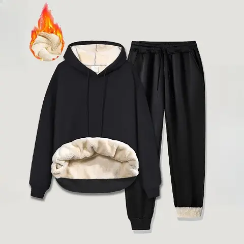 Men's 2-Piece Sherpa Sweatsuit Lounge Set - Long Sleeve Fleece-Lined Thick Hoodie, Fake Pocket Pants, Warm Outfit for Autumn Winter Daily Casual Use, Sweatsuit Lounge Sets, 2-Piece Set
