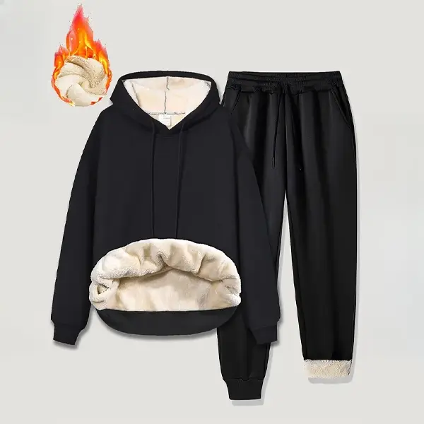 Men's 2-Piece Sherpa Sweatsuit Lounge Set - Long Sleeve Fleece-Lined Thick Hoodie, Fake Pocket Pants, Warm Outfit for Autumn Winter Daily Casual Use, Sweatsuit Lounge Sets, 2-Piece Set