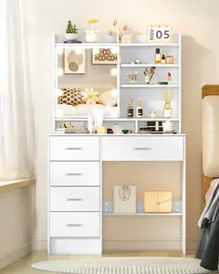 Vanity Desk with Sliding Mirror and Lights, Wood Makeup Vanity Table with 3 Lighting Colors, 5 Drawers and 6 Storage Shelves for Bedroom, White