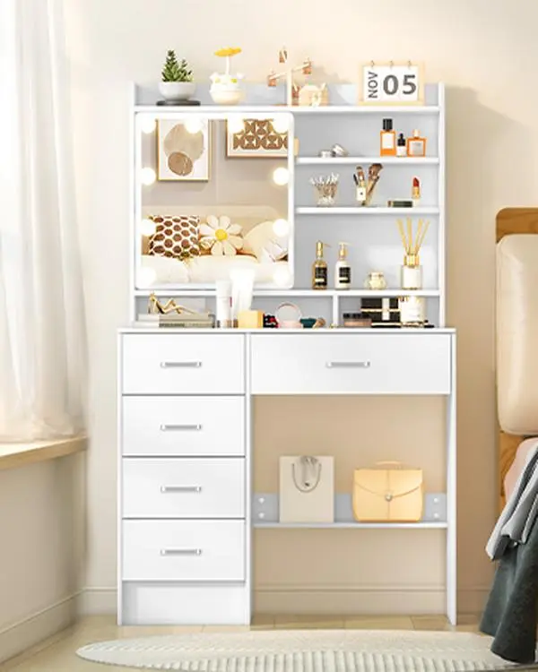 White LED Vanity Desk - Wood Makeup Vanity Table with Sliding Mirror, 3 Lighting Colors, 5 Drawers, 6 Storage Shelves for Bedroom