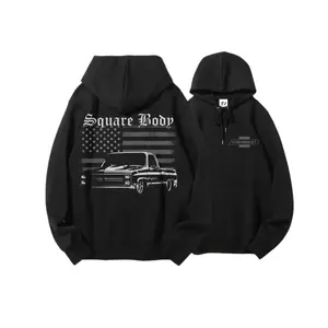 Square Body Hoodie, Classic Che.vi Pickup with American Flag Graphic, Patriotic Muscle Truck Graphic Hooded Sweatshirt for Gearheads & Builders, Full Sizes Full Colors