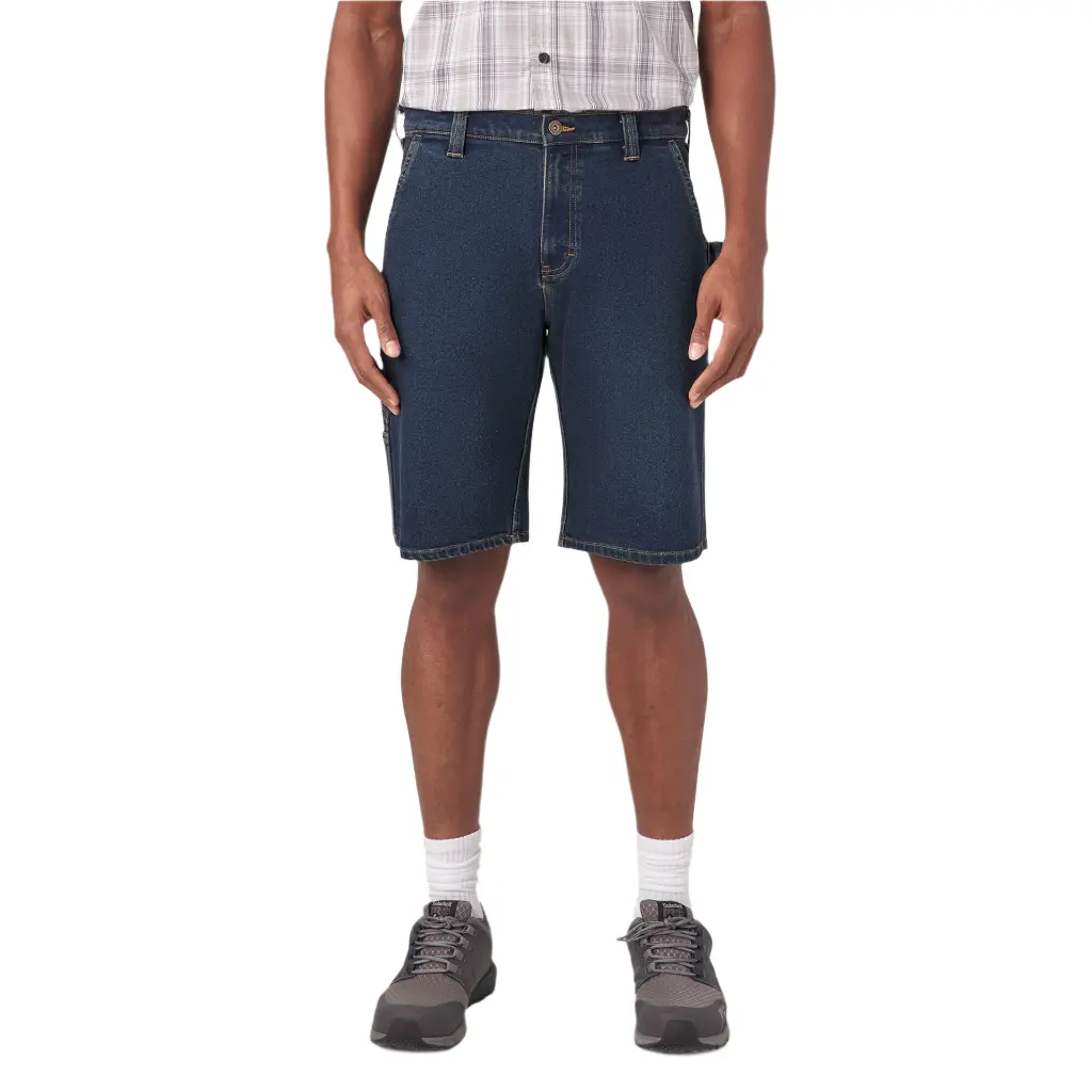 Dickies Men's Relaxed Fit Utility Work Shorts, 11" Mid Rise in Dark Wash Stretch Cotton Denim with Multiple Pockets, Menswear, Fabric, Utility Pocket, Knee Length, Loose-Fitting, Cotton Blend, Reinforced Double-Needle Stitching, Tape Measure Loop, Pockets