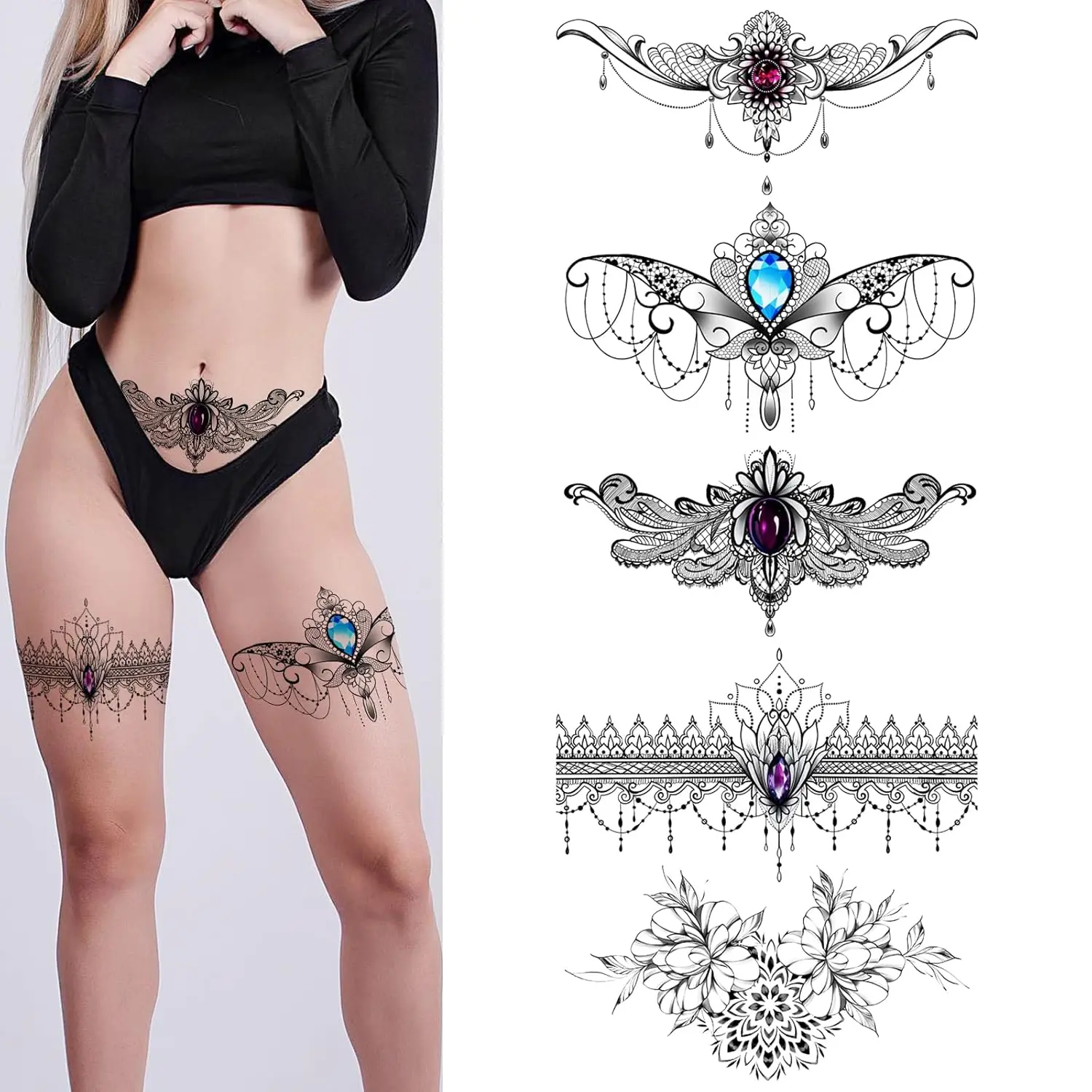 Lace Tattoos, Large Sexy Temporary Tattoo Set, Temporary Tattoos For Women, Belly Back Waist Thigh Body Art Fake Tattoos (Set 1)