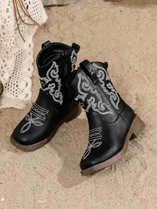 Kids Western Cowboy Boots, Embroidered Mid Calf Boots with Side Zipper, Non Slip Block Heel Cowgirl Boots for Toddler Girls, Vintage Country Fashion