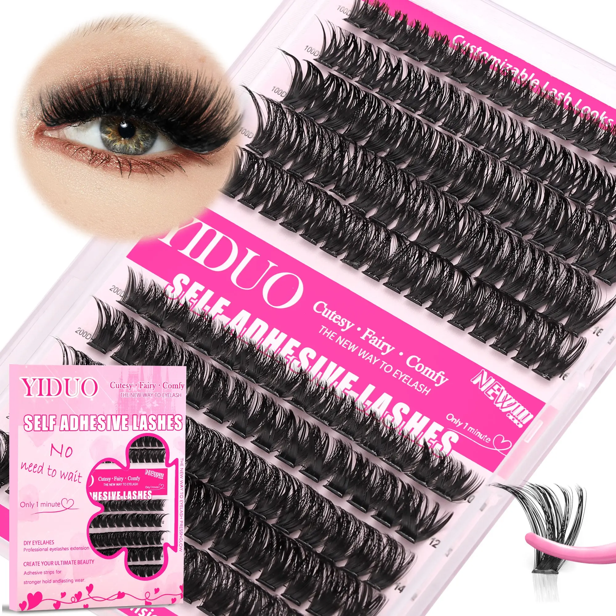 YIDUO Self-Adhesive Lash Clusters, 100D+200D Volume Press-On Lashes, Fluffy Volume Eyelashes, Fluffy Wispy Lashes, Pre-Glued D Curvature 10-16mm, No Glue Needed DIY Individual Eyelash Extensions Easy Application Gift Pack, Curl Cluster Lashes