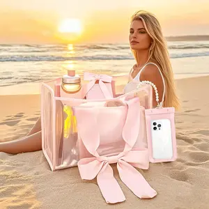 Lightweight Waterproof Beach Tote with Phone Pouch - Tip-Proof, Foldable & Machine Washable Large Beach Bag for Women, Pink Bow Design