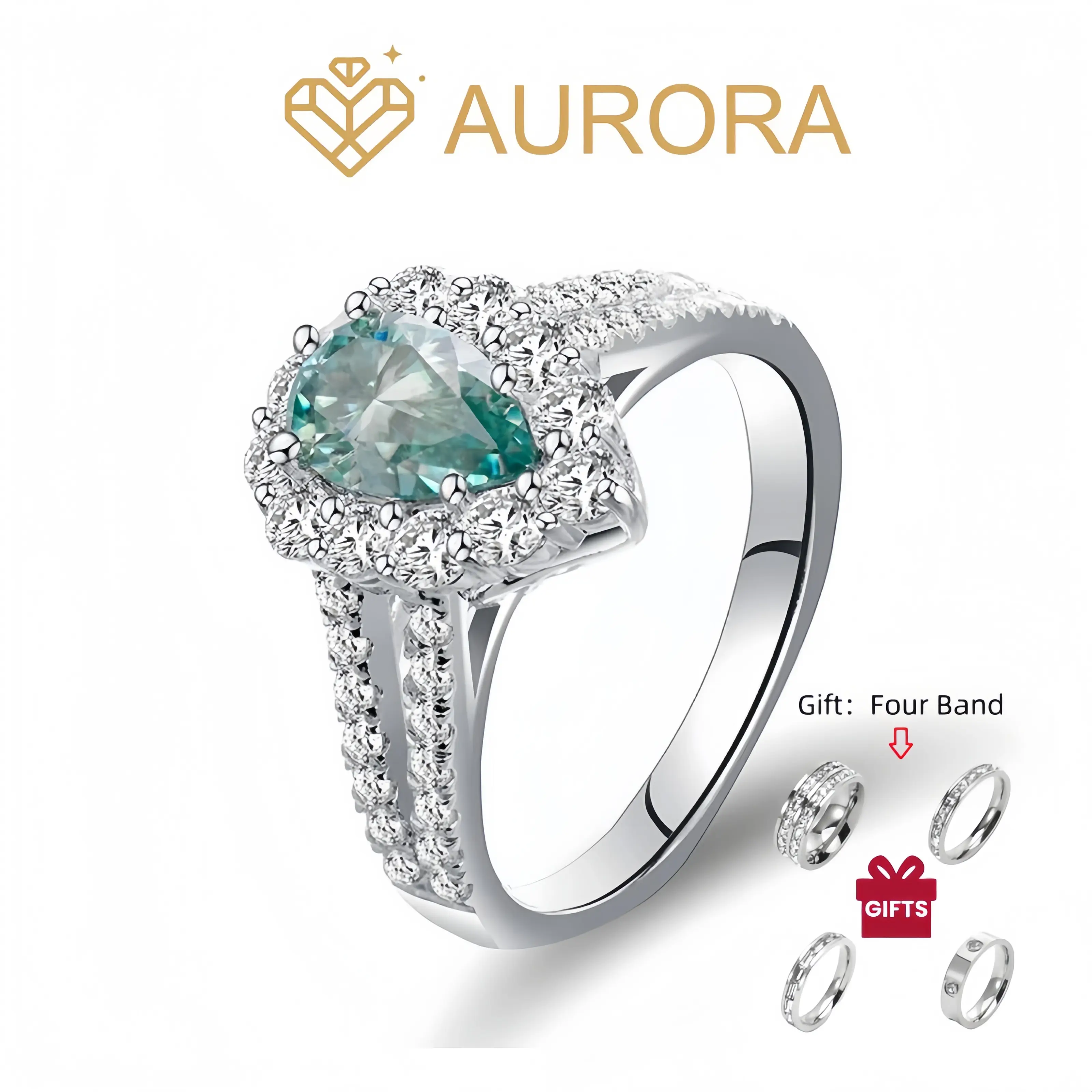 【#81 Mint Pear】Pear shape Full Moissanite main stone and side stone rings with 925 Sterling Silver Synthetic Moissanite, Moissanite Wedding Ring, Elegant Fashion Rings