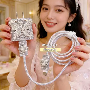 Rhinestone Butterfly Charger Head and Data Cable Protection Set, 5pcs Set, Suitable for iPhone 11/12/13/14 Series Fast Charger