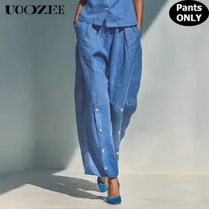 UOOZEE Women's Summer Casual Linen-Look Wide Leg Pockets Pants(ONLY), 100% Polyester High Waist Elastic Back Waist Breathable Trousers, Size Up for Full waists