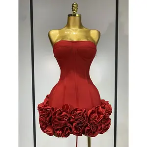 Women Sexy Strapless Backless Flower Embellished Mini Bandage Dress Body con Celebrity Party Cocktail Evening Party Club Dresses
