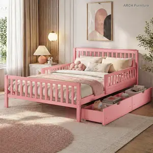 Minimalist Full-Size Solid Pine Princess Platform Bed Frame, Kids Furniture Bedroom Storage Bed with Dual Side Guardrails and 2 Storage Drawers, Pink, Minimalist Platform Bed