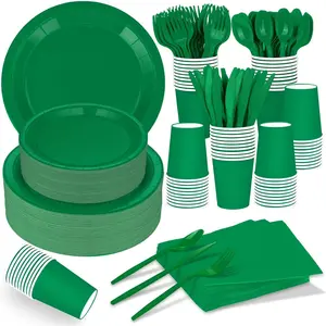 228 count Green Party Supplies Set Include Paper Plates Cups Paper Napkins Plastic Spoons Forks  for 30 Guests Disposable Party Dinnerware for Birthday Wedding Family Picnic