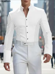 INCERUN Men's Patchwork Mesh Colorblock Business Shirt, Stylish Casual Wear, Perfect for Office and Daily Use, Comfortable and Trendy Design