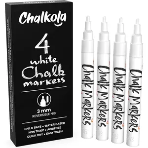 White Chalk Markers Fine Tip (4 Pack 3mm) - Wet & Dry Erase Chalk Pens for Blackboard, Chalkboards, Windows, Signs, Glass, Bistro - 3mm Reversible Bullet & Chisel Point