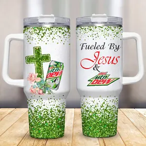 Fueled By Jesus & Diet Mtn Dew 40oz Tumbler With Handle, Christian Faith Glitter Cross Floral Travel Mug, Insulated Stainless Steel Cup With Lid & Straw, Mountain Dew Lover Gift, Religious Coffee Cup, Christian Gifts For Women Men, Bible Faith Drinkware
