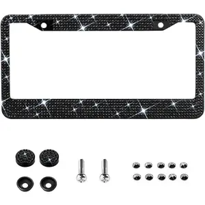 Bling License Plate Frame for Women,Sparkle  Bedazzled Rhinestone License Plate Frames with 1400 count Rhinestones, Handcrafted   Stainless Steel Frame with Screw Caps (Black)