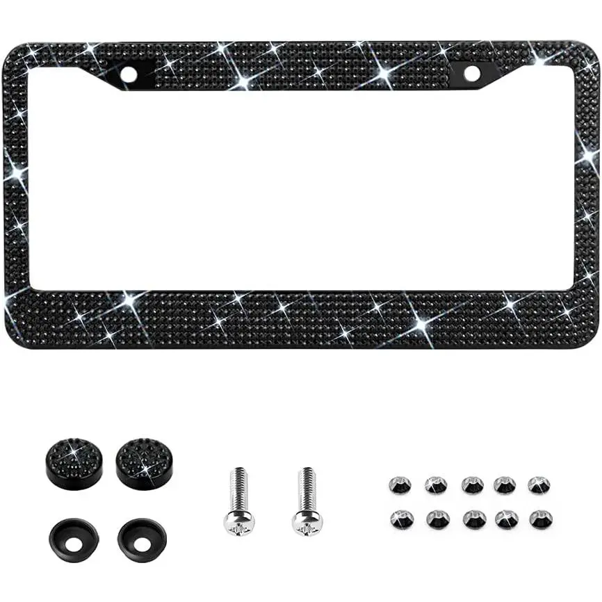 Bling License Plate Frame for Women,Sparkle  Bedazzled Rhinestone License Plate Frames with 1400 count Rhinestones, Handcrafted   Stainless Steel Frame with Screw Caps (Black)