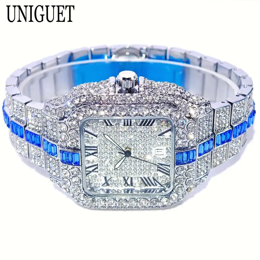 Men's Analog Quartz Watch, Luxury Diamond Encrusted Hip Hop Style with Stainless Steel Band and Square Roman Numeral Quartz Dial, Diamond Encrusted Watch, Steel Quartz Watch