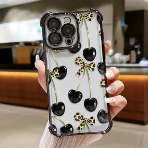Black Cherry Leopard Print Bow Pattern Phone Case , Electroplated Cover with Airbag Shockproof Slim Soft TPU Cover for iPhone X 11 12 13 14 15 16 17 Pro Max Plus Air