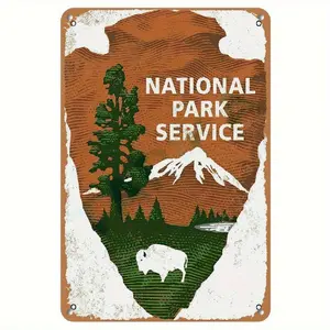 Vintage National Park Service Metal Wall Sign - Rustic Mountain Forest Bison Lake Design - Durable Aluminum Art with Pre-Drilled Holes for Home Kitchen Coffee Bar Farmhouse Decor - Nature-Themed Collectible Gift, Lake House Decor, Naturethemed Decor, Retr