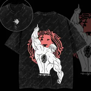 Men's The 7 Deadly Sins Escanor the Lion's Sin of Pride Classic Double-Printed Oversize Lightweight Acid-Washed Cotton Graphic Streetwear T-Shirt