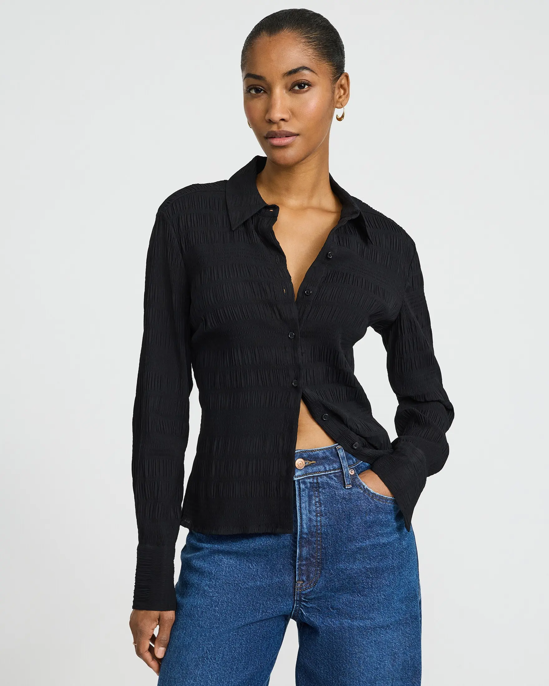 Express Textured Fitted Essential Shirt, Slim, Spandex, Blouses, Tops, Nylon, Button