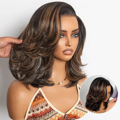 LUVME Effortlessly Chic Layered Haircut Wavy Glueless HD Minimalist Lace Short Wig Natural Black Brown Highlight 150% Density Medium Cap Size Pre-cut Hairline