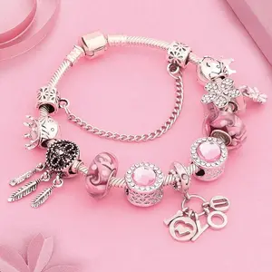 Cute Pink Crystal Bead Bracelet with Floral Accents & Heart Charm Adjustable Comfortable Fit for Everyday Wear Perfect for Gifting and Stacking