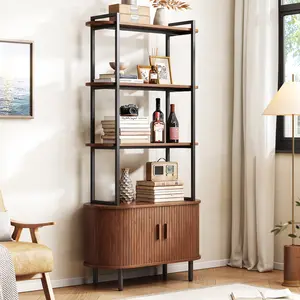 【CategorySelect】ONBRILL 71" Tall 4-Tier Bookshelf with Storage Cabinet, Modern Bookcase with Sliding Door, Adjustable Footpad, Freestanding Shelves Organizer for Living Room, Bedroom