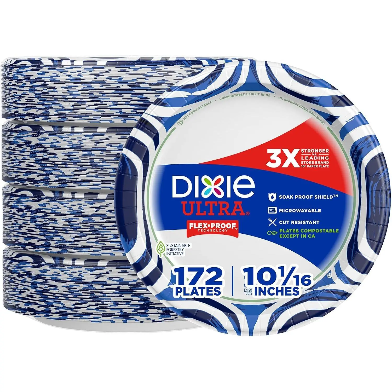 Dixie Ultra, Large Paper Plates, 10 Inch, 172 Count (4 packs of 43 plates), 3X Stronger*, Heavy Duty, Microwave-Safe, Soak-Proof, Cut Resistant, Disposable Plates For Heavy, Messy Meals : Health & Household