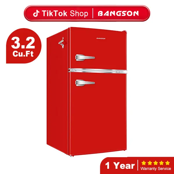 BANGSON 3.2 Cu.Ft Retro Double-Door Mini Fridge with Top Freezer, Adjustable Thermostat, Energy-Efficient & Quiet, Compact & Easy to Clean, for Office/Apartment/Dorm, Red, Black, Cream White