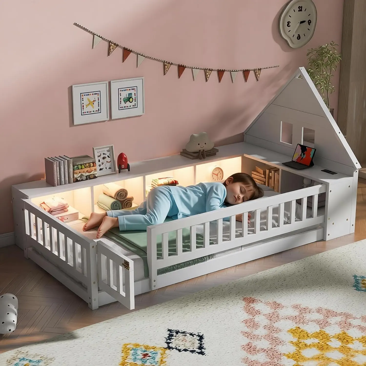 Twin Size Floor Bed with Door & 6 Storage Cabinets, Wood Kids Bed Frame with Rails, Charging Port & LED, Twin Montessori Beds with House-Shaped Headboard for Boys Girls,No Slats, White