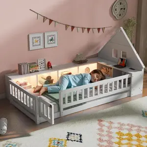 Twin Size Floor Bed with Door & 6 Storage Cabinets, Wood Kids Bed Frame with Rails, Charging Port & LED, Twin Montessori Beds with House-Shaped Headboard for Boys Girls,No Slats, White