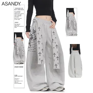 ASANDY Y2K Gothic Cross Print Oversized Baggy Sweatpants High Waist Loose Streetwear Trousers for Women