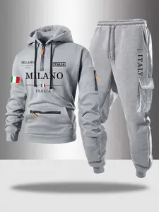 Men's Hooded Sweatshirt Set, Letter Print Design, Casual Fitted Long Pants, Drawstring Pocket Detail, Fall & Winter Wear