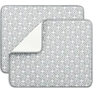 Dish Drying Mats for Kitchen Counter, Microfiber Absorbent Dish Drainer/Rack Pads for Sink, 19.5*15.8 inch, Set of 2, Grey, leaf