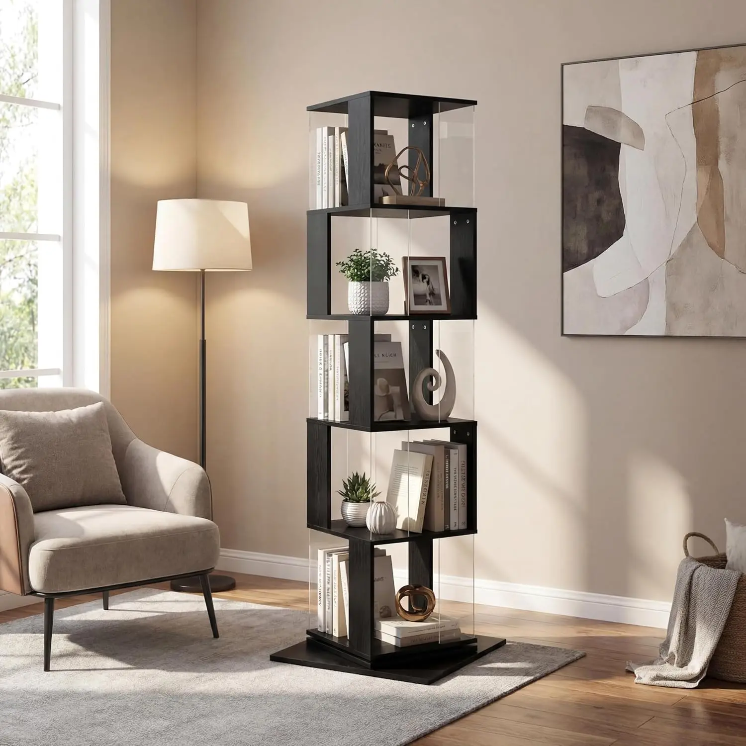 5-Tier Rotating Bookshelf Tower, 360° Square Spinning Book Shelf | Floor Standing Revolving Bookcase, Stable Display Corner Book Shelf for Living Room, Bedroom, Home Office, Black
