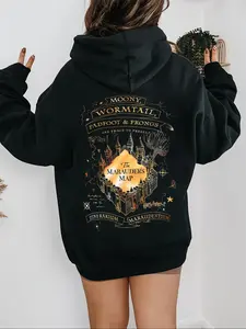 Women's Casual Hooded Drawstring Pocket Sweatshirt, Magic Castle Print Street Fashion, Geometric Pattern, Fitted Style, All Seasons